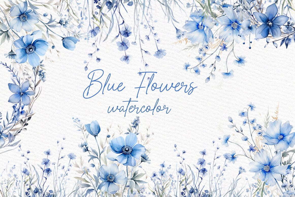Dusty Blue Flowers Clipart Watercolor